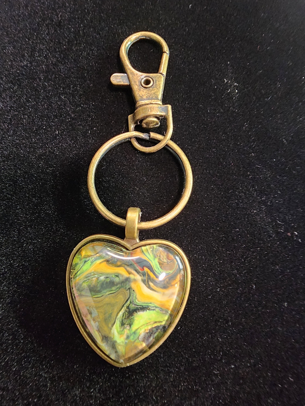 Handmade Heart Keychain Glass Cabochon Green Yellow Swirl Wearable Art Fairy